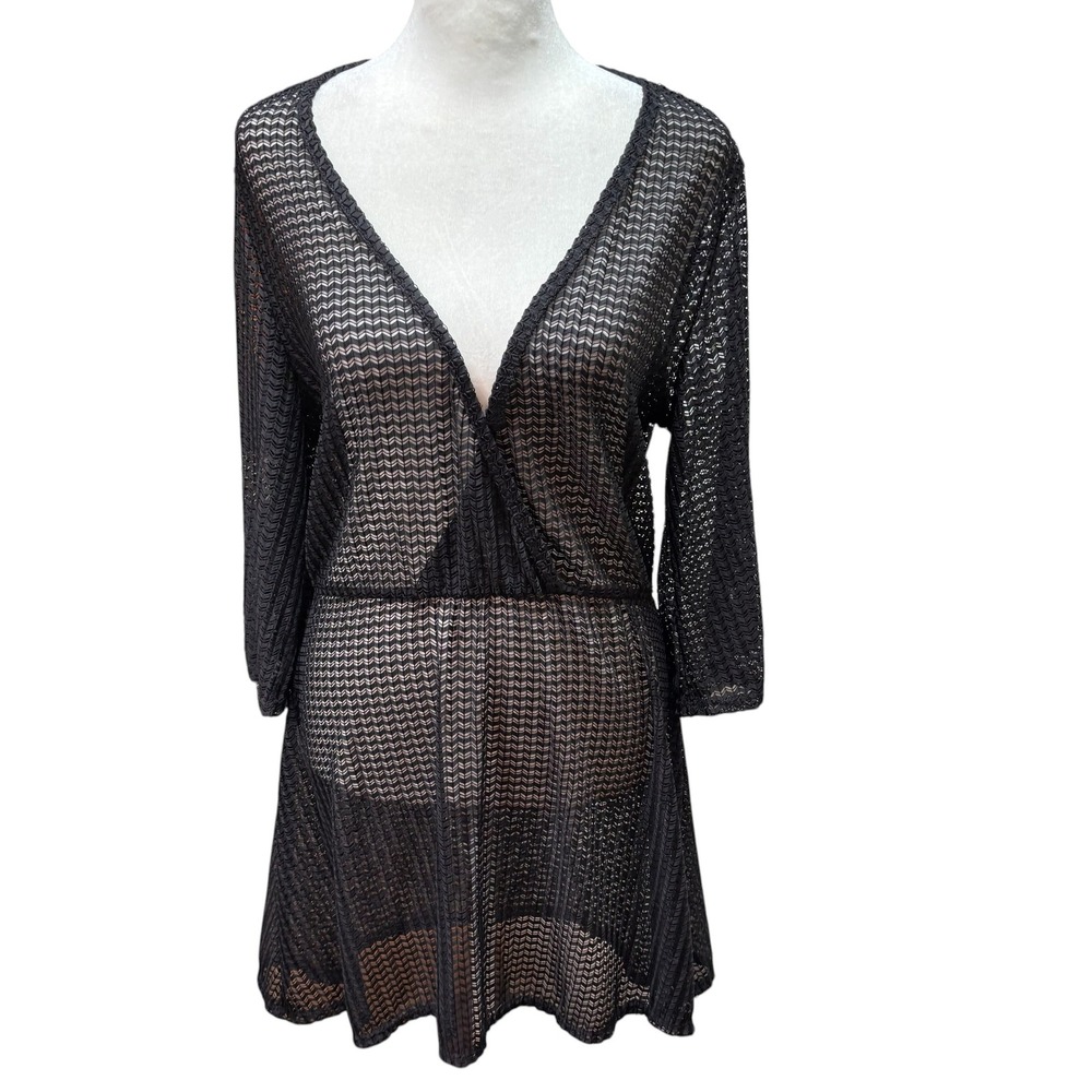 Jordan Taylor Black Crochet Knit Swim Cover Up Dress V-Neck  Large #K98